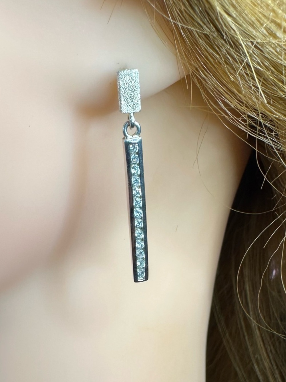 Sterling Silver Stamped Sparkling Dangle Earrings with white stones